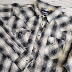 Wrangler Pearl Snap Shirt Mens 2XL Western Double Flap Pockets Black Gray Plaid‎